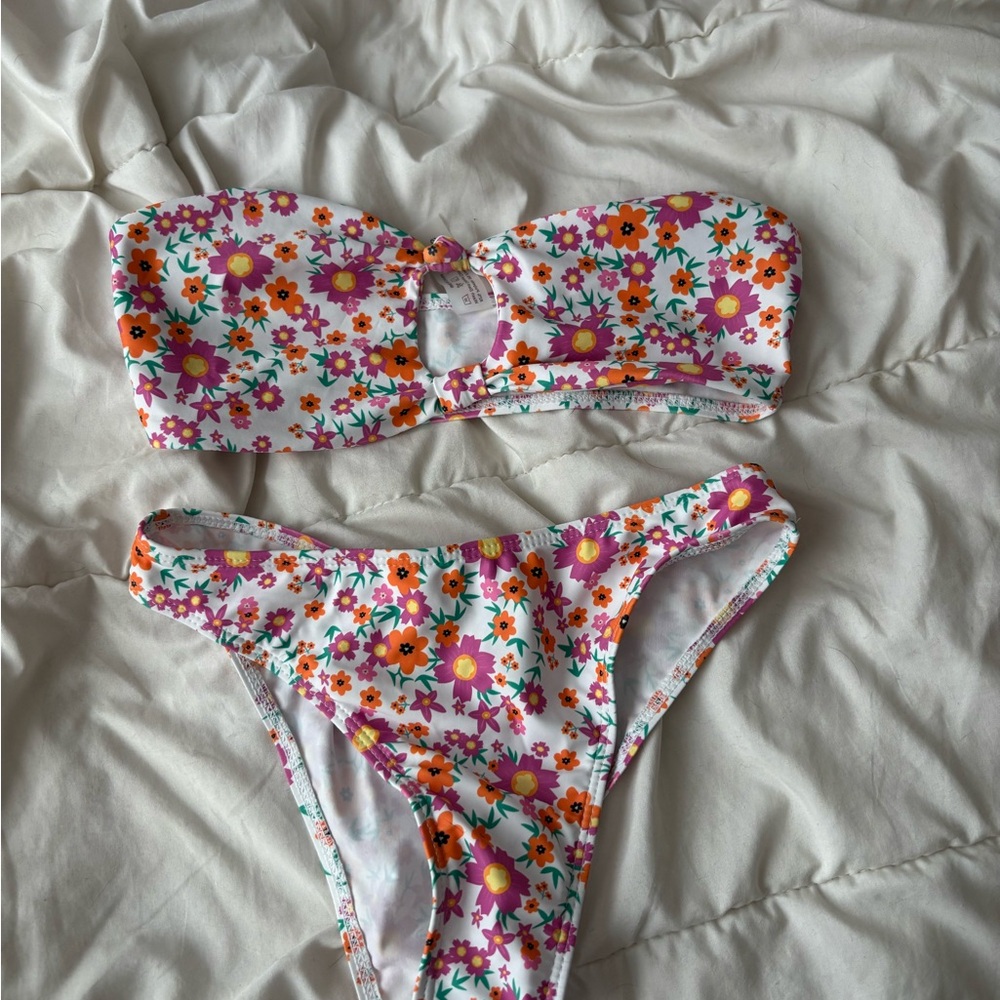 White Floral Bandeau Bikini Set with Pink & Orange Flowers